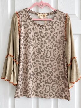 Mystree Olive Leopard Print Bell Sleeve Blouse
